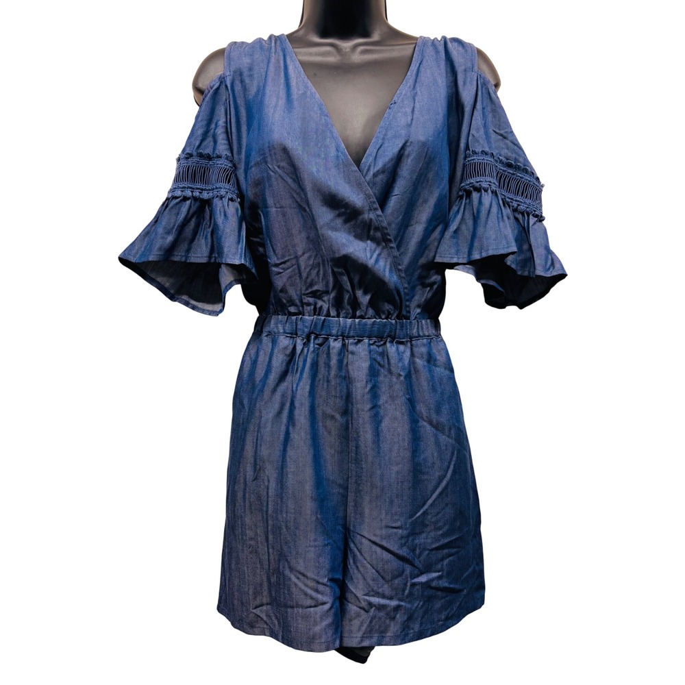 NWT Kaari BlueDesert Oasis Romper Womens Medium Blue Tencel Cold Shoulder Pocket